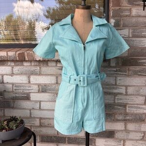 BABY BLUE DAY + MOON-ZIP FRONT BELTED DENIM ROMPER NWT medium